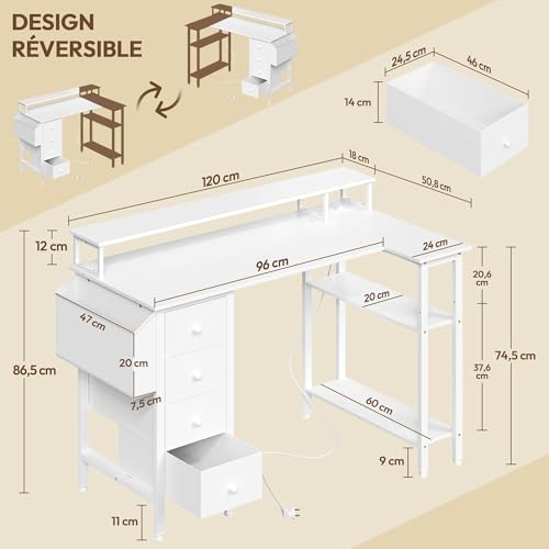 Miniatura 3 de Yaheetech Escritorio L Con 4 Cajones, 120x68cm Mesa Escritorio Gaming En L Con Soporte Para Monitor, 2 Enchufes Y 2 Puertos Usb, Escritorio Esquina Reversible Trabajo Y Juegos, Para Oficina, Blanco
