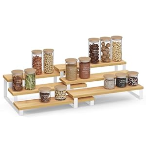 SONGMICS Spice Rack, Set of 2 Cabinet Shelf Organisers, 3-Tier Extendable Spice Holder, Engineered Wood, Stackable, for Pantry, Cupboard, Countertop, Natural Beige and Cloud White KCS016N02