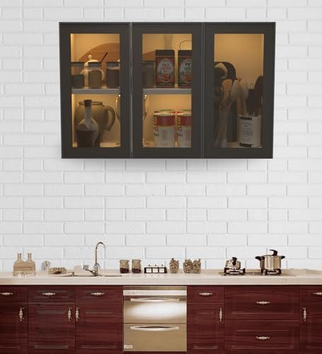 Image of SPECIALITY PANELS Aluminium Black Profile 3 Door Wall Cabinet | Brown Tinted Glass Handless Shutters | Wall Mounted Kitchen Storage Cupboard | Modern Space Saving Organizer | DIY Assembly