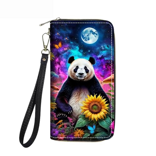 FVAENDHIO Women's Large Capacity Wallet PU Leather Zip Around Clutch Purse Multifunctional Wallet with Removable Wristlet Strap for Smart Phone/Coin/Card/Cash, Cute Panda and Sunflower