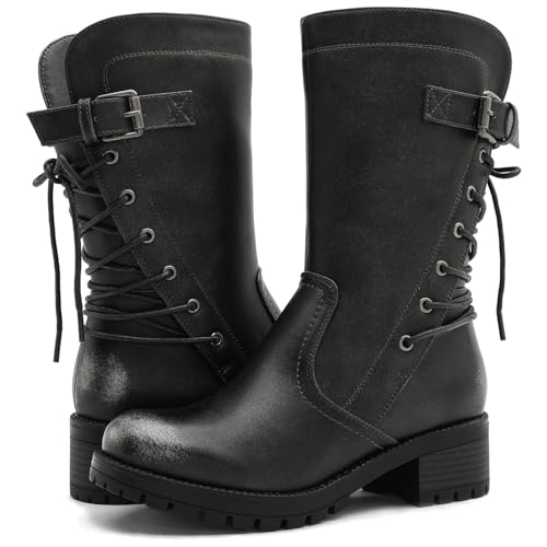 Image of GLOBALWIN Women's Biker Boots Lace up Back Mid Calf Motorcycle Fashion Festival Boots Combat Riding Military Boots for Women