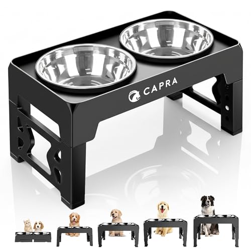 CAPRA Dog Bowls with Stand, Raised Dog Bowl Feeder with 2 Large 1300ml Stainless Steel Bowls, Adjustable Height, Foldable, Non-Slip, Easy Clean for All Dog Sizes (Bowls+Stand+Mat)