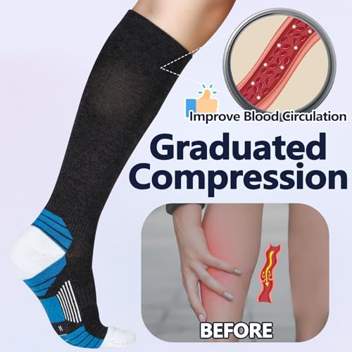 Image of +MD Cotton Compression Socks for Women & Men 4 /6 Pairs 15-20mmHg Knee High for Sports, Travel, Nursing Long Sitting Standing