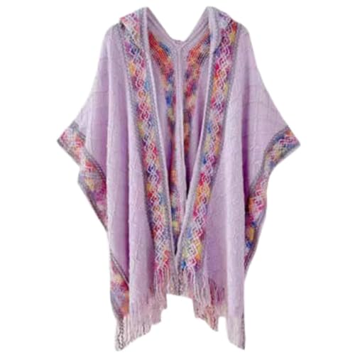 Womens Soft Poncho Capes with Hooded for Fall Winter Tassels Vintage Pattern Open Front Capes Travel Gifts for Winter Fall (Purple)
