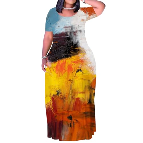 Image of PinkPatty Plus Size Dress for Women Casual Crew Neck Short Sleeve Maxi Dress Oversized Summer Beach Dresses with Pockets