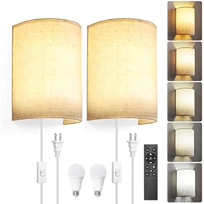 Plug in Wall Sconces,Stepless Colors 2700K-6500K & Stepless Dimming,Wall Sconces Set of Two with Remote & Switch Control,Plug in Wall Light with Timer,Wall Lamp with Plug in Cord,Bulbs Included,Linen