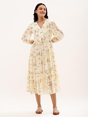 Image of AASK Abstract Printed Puff Sleeve Gathered Detailed Fit Flare Dress