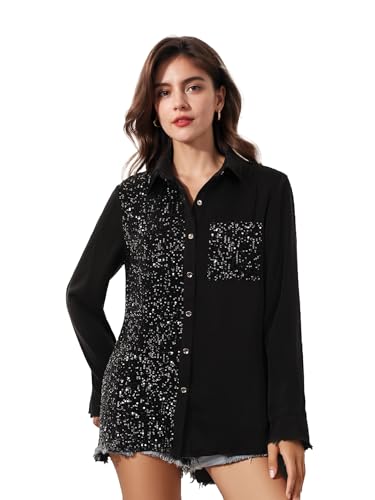 Image of Irsutey Women Oversize Sequins Patchwork Shirt Satin Blouse Long Sleeve Button Down Lapel Jacket Glitter Disco Tunic Top (Black,X-Large)