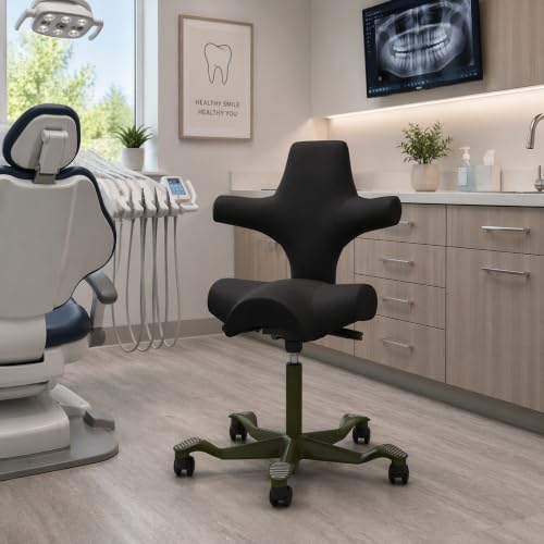 Image of HAG Capisco Sit to Stand Chair-Moss Green Frame-Upholstered Black Onyx Vinyl