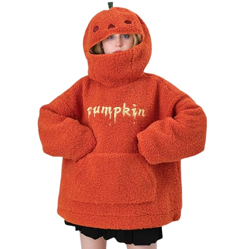 Jybuyye Women Halloween Pumpkin Graphic Fuzzy Fleece Full Zip Hoodie with Kangaroo Pockets Y2K Preppy Halloween Sweatshirt