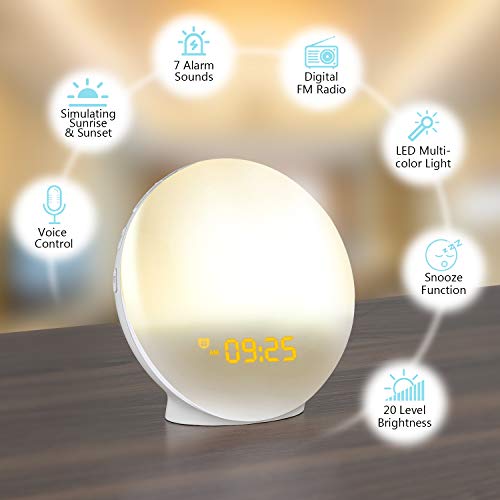LATME-Sunrise-Alarm-Clock-Wake-Up-Light Compatible with Alexa Google Home with Colored Sunrise Simulation and Sunset Fading Night Light for bedrooms,FM Radio,4 Alarms with Snooze Function (White-G1)