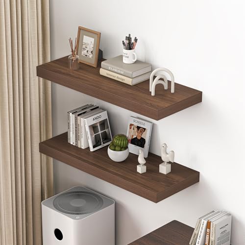 Image of Dreamland 36 inch Floating Shelves for Wall, 12 inch Deep Thicker Walnut Floating Shelves, Wall-Mounted Shelves for Bedroom, Living Room, Kitchen, Bathroom - Set of 2