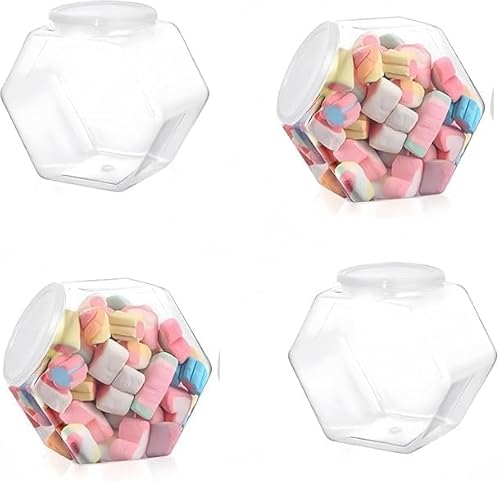 Plastic Candy Jars with Lids, CAASFOOY 4 pcs Hexagonal with Airtight Lids Clear Candy Jar, Wide Mouth Food Container, Clear Cookie Jars for Kitchen Counter,for Snacks, Dry Food, Cookies, Coffee