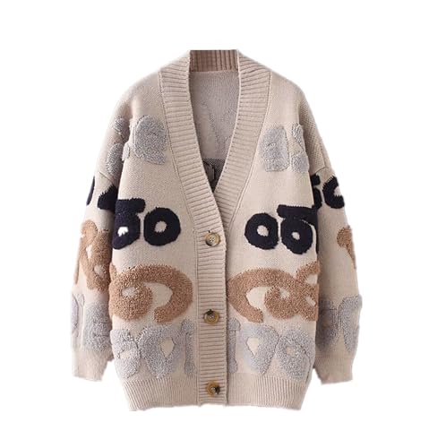 SAGGION Manteau en Tricot surdimensionné pour Femmes,Cardigans imprimés de Lettres,Boutons de Choc de Couleurs,Pull à Manches Longues,Vestes tricotées Ouvertes sur Le Devant