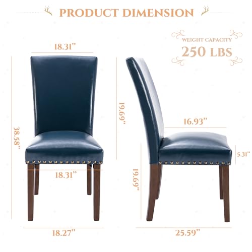 Image of Parsons Dining Chairs Set of 6, Upholstered Nailhead PU Leather Dining Room Kitchen Side Chair with Thick Cushions and Wood Legs, Blue