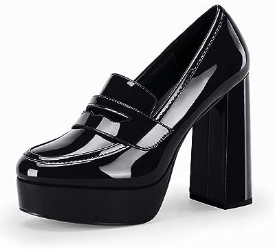 Womens Platform Heels Loafers Chunky High Heel Closed Toe Patent Leather Shoes Penny Loafer Business Dress Work Pumps, Black, Size 5 | Image 3