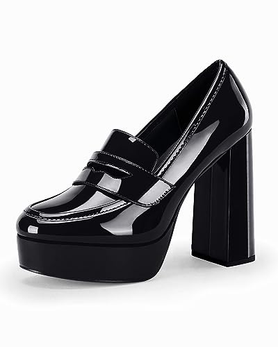 Image of Coutgo Womens Platform Heels Loafers Chunky High Heel Closed Toe Patent Leather Shoes Penny Loafer Business Dress Work Pumps