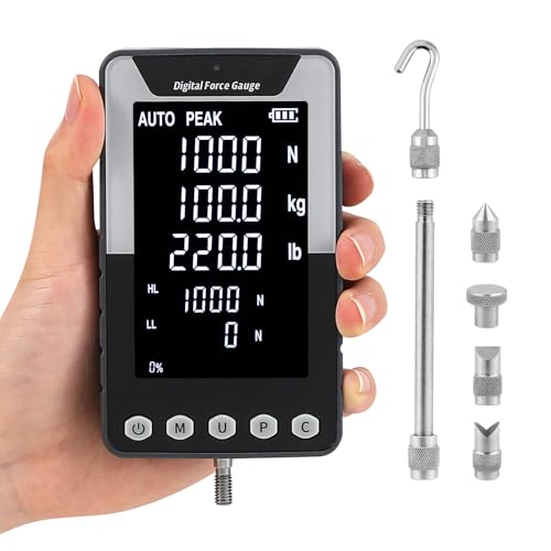 Mxmoonfree 1000N Digital Force Gauge Push Pull Gauge with USB Output, 3.9'' Large Screen, N/Kg/Lb Units, Calibration Certificate for Lab Tension Compression Load Plug Destructive Test (EF-1000N)