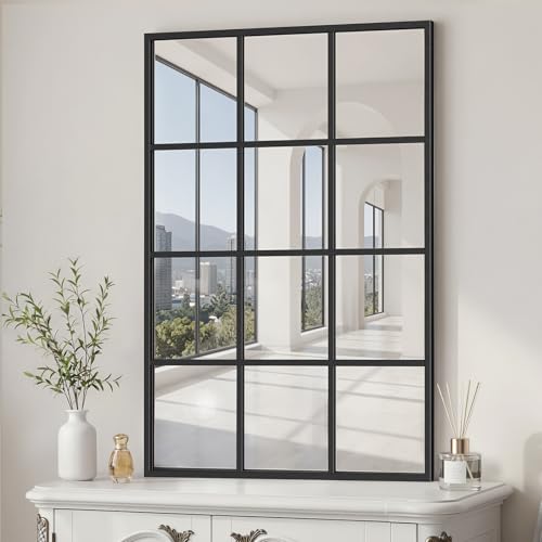Window Pane Mirror 38x26 Decorative Wall Mirrors Black Metal Framed Windowpane Mirror for Farmhouse & Modern Bedroom Living Room Dining Room Entryway Fireplace Decor with Hanging or Leaning