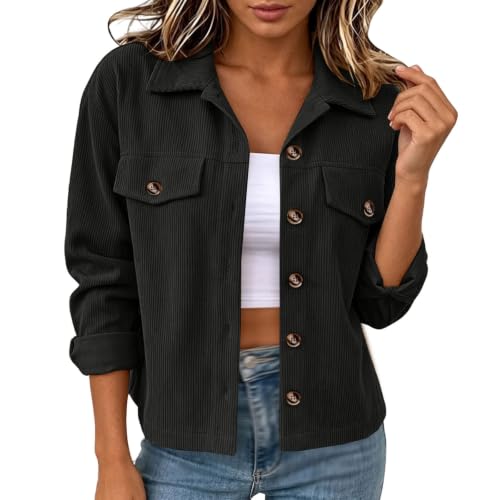 Rtdyvyuhb Fall Jackets For Women Trendy Cropped Corduroy Button Down Long Sleeve Coats Lapel Neck Comfy Outerwear With Pocket 01#Black Large - image 2