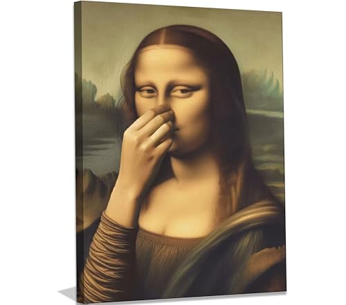 Funny Mona Lisa Bathroom Canvas Wall Art Pinching Nose Wall Decor...