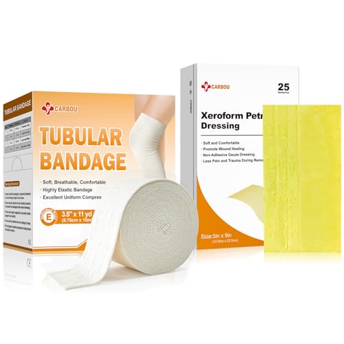 Carbou Medical Xeroform Petrolatum Dressing 5\"x9\" (Pack of 25)+Elasticated Tubular Support Bandage 3.5\" x 11 yd (Size E)