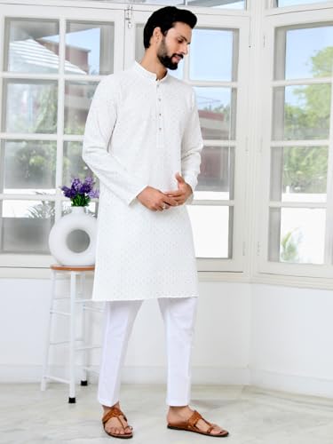 Image of See Designs Men's Full Sleeve Mandarin Collar Embroidered Thread Work Sequinned Rayon Straight Long Kurta - Festive Collection