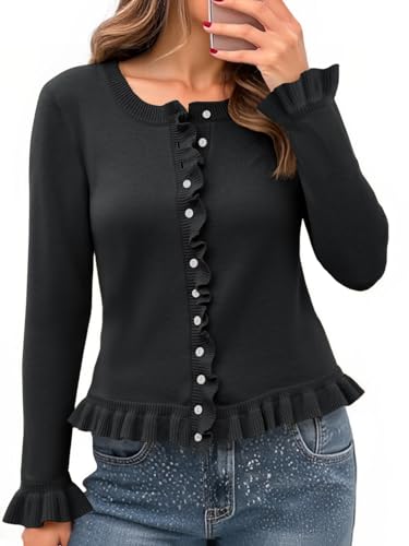 Image of Saodimallsu Womens Ruffle Cardigan Sweaters Button Up Crew Neck Long Sleeve Cropped Sweater Cute Soft Knit Tops