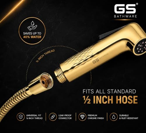 Image of Premium Plus Gold Health Faucet Complete Set with 1 Meter Matching Hose & Wall Hook | Self Cleaning Jet Spray for Toilet | NeverBlock AutoClean Nozzles | High Pressure | Gold Finish