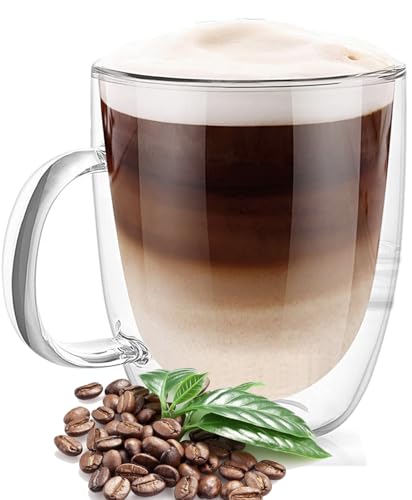 R&SB 350ml Double Walled Glass Coffee Mug, Cappuccino Latte Macchiato Tea Milk Glass Cups Heat Resistant Cup (Handle)
