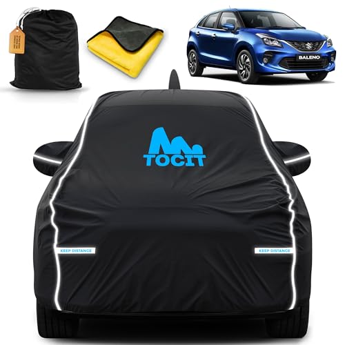 Image of Suzuki Baleno Waterproof Long Life Cover with Safety Glow Reflective Strap, Premium Stretchable Velvet Velour Fabric, Machine Washable, Tri-Stitch Custom Fit with Mirror & Antenna Pocket