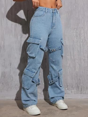 Image of Glossia Fashion Blue Women Cargo Jeans | High Waist Stretchable Wide Leg Loose Fit Denim| Boyfriend Cargo Jeans for Women(WJ-1225)