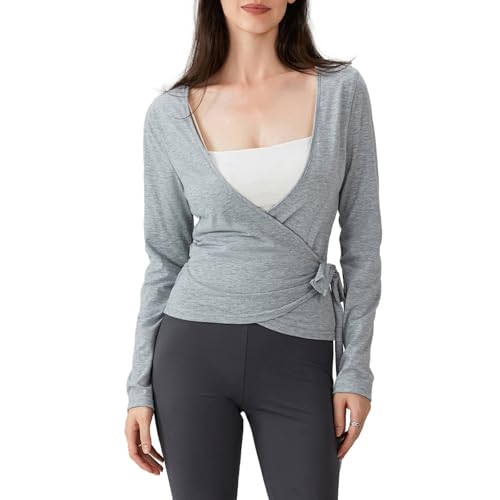 Geagodelia Camiseta de manga larga para mujer, con lazo frontal, ajustada, cuello en V profundo, cruzada, para entrenamiento, pilates, ballet, yoga, gimnasio, deportes, gris claro, S