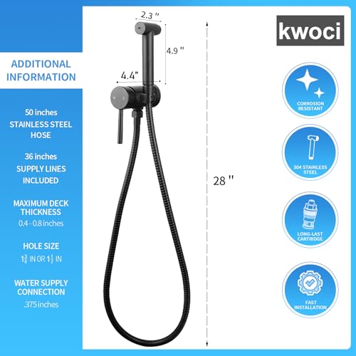 KWOCI Matte Black Handheld Bidet Sprayer for Toilet Warm Water Mounted on the Bathroom Vanity，Stainless Steel Hot and Cold Bidet Sprayer with Brass Mixing Valve for Feminine Hygiene by Kwoci - Image 5