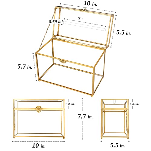 Redhugo 10X5.5X7.7 Inches Gold Glass Card Box Handmade With Slot, Wedding Card Boxes For Reception, Graduation, Gift Cards, Party, Brass Geometric Terrarium, Golden Decorative Box, Medium #TOP4