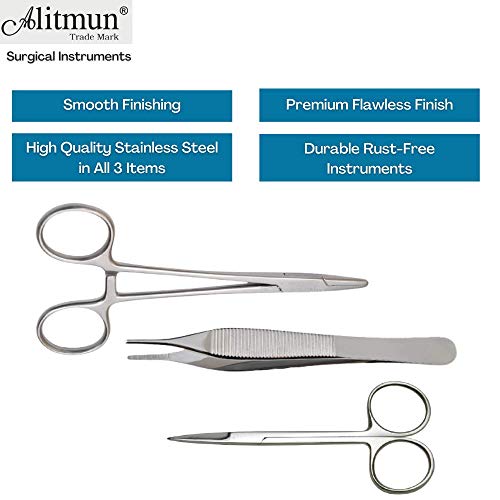 Image of Quality Suture Set of 3 Surgical Instrument, 6'' Needle Holder, 5'' Adson Dissecting Forceps, 4'' Iris Scissor, 100% Stainless Steel Suturing Kit for Practice, for Medical Students, Doctor