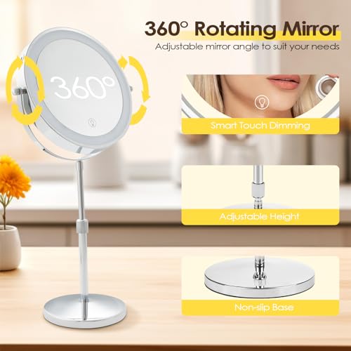 Cuteefun 8" Vanity Mirror with Lights, 1X/10X Magnifying Mirror on Stand, Adjustable Height & Brightness, 360° Rotation - Image 2