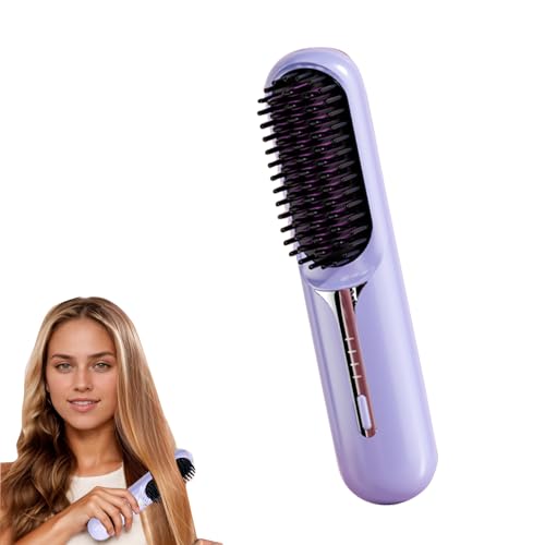 Portable Cordless Hair Straightener Brush for Travel, Party, Mini Ionic Hot Comb Straightener for Women, USB Rechargeable Heated Hot Comb with 3 Temperature Settings (Purple)
