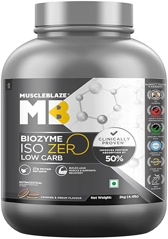 MuscleBlaze Biozyme Iso-Zero Whey Protein Isolate Powder, 2kg (4.4lbs) | Cookies & Cream | 27g Whey Protein Per Scoop | USA Patent-Published Enhanced Absorption Formula (EAF)