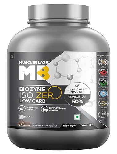 Image of MuscleBlaze Biozyme Iso-Zero Whey Protein Isolate Powder, 2kg (4.4lbs) | Cookies & Cream | 27g Whey Protein Per Scoop | USA Patent-Published Enhanced Absorption Formula (EAF)