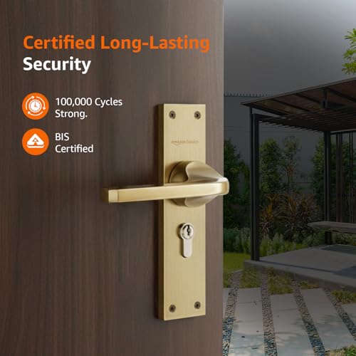 Image of Amazon Basics Heavy-Duty Door Lock Set | Mortise Door Lock Handlesets with 3 Brass Key for Home,Office,Hotel | Brass Lock Body & Cylinder | Golden