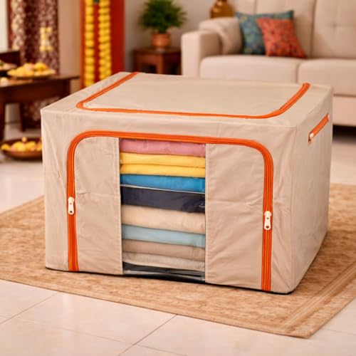 Image of DecorTwist Cloth Storage Organiser Box with Zipper Window | Foldable Wardrobe Storage | Dustproof & Stackable Style 15 (Style 5, Pack of 1)