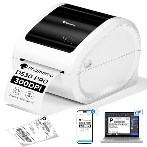 Image of Phomemo Ethernet Thermal Label Printer, 300Dpi Shipping Label Printer for Small Business, Home, Office, Wireless Thermal Printer Compatible with Ethernet /Bluetooth /USB, UPS, USPS, White