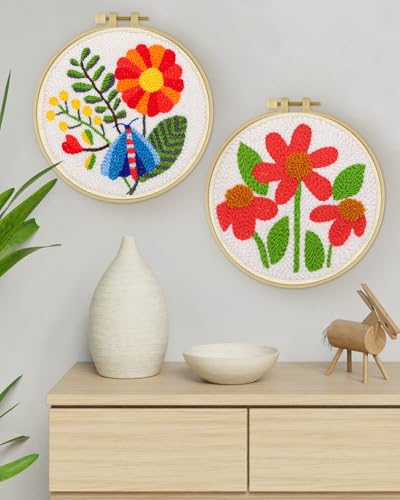 Image of ERKOON Punch Needle Kit Adults Beginners, 2 Pcs DIY Easy Flower Embroidery Set for Starter Art Craft, Needling Punching Project with Patterns, Tools, Yarns, Hoop, Instruction (Safflower)