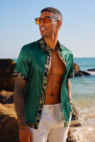 Pj Paul Jones Mens Hawaiian Shirt Stretch Satin Silk Shirts Casual Button Down Beach Shirts Dark Green M thumb #2