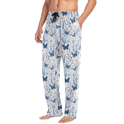 Men’s Butterflies and Wildflowers Pajama Pants with Pockets, Comfortable Lounge Sleep Bottoms#3524