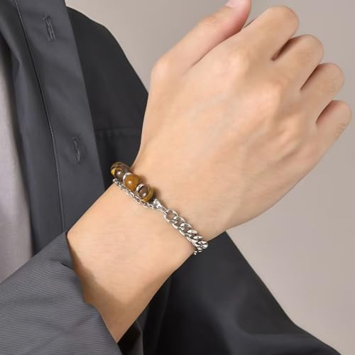 Pulsera para hombre con piedras de ojo de tigre y acero inoxidable miniatura 3
