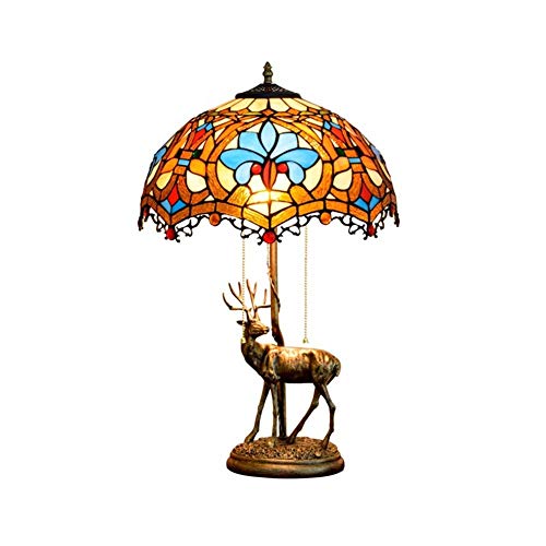 Baroque Table Lamp, Stained Glass Shade Decorative Bedside Lamps, 2- Lights Resin Elk Base Desk Lamps for Bedroom, Living Room，Office
