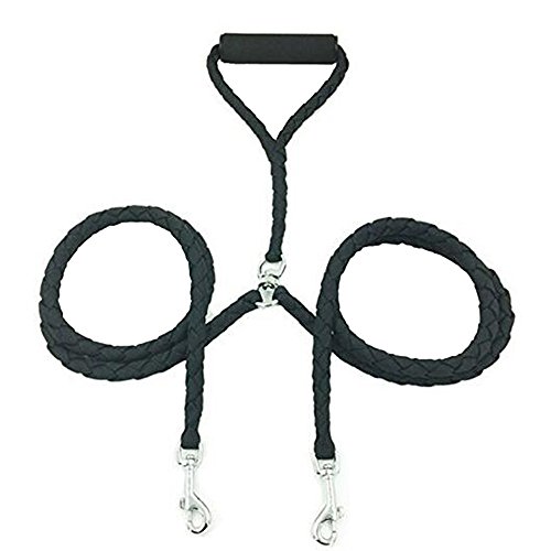 ltuotu - Correa doble para perro,de 1,4 m de largo - Asa forrada - No se enreda - Acoplador de plomo trenzado de nailon - Para 2 perros, Negro