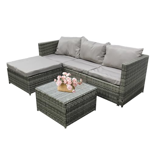 Garden Corner Sofa Furniture, 4-Seater All-Weather Rattan Corner Sofa Set w/Tempered Glass Coffee Table,Ottoman - L-Shaped Patio Garden Furniture (Grey Rattan+Light Grey Cushion)